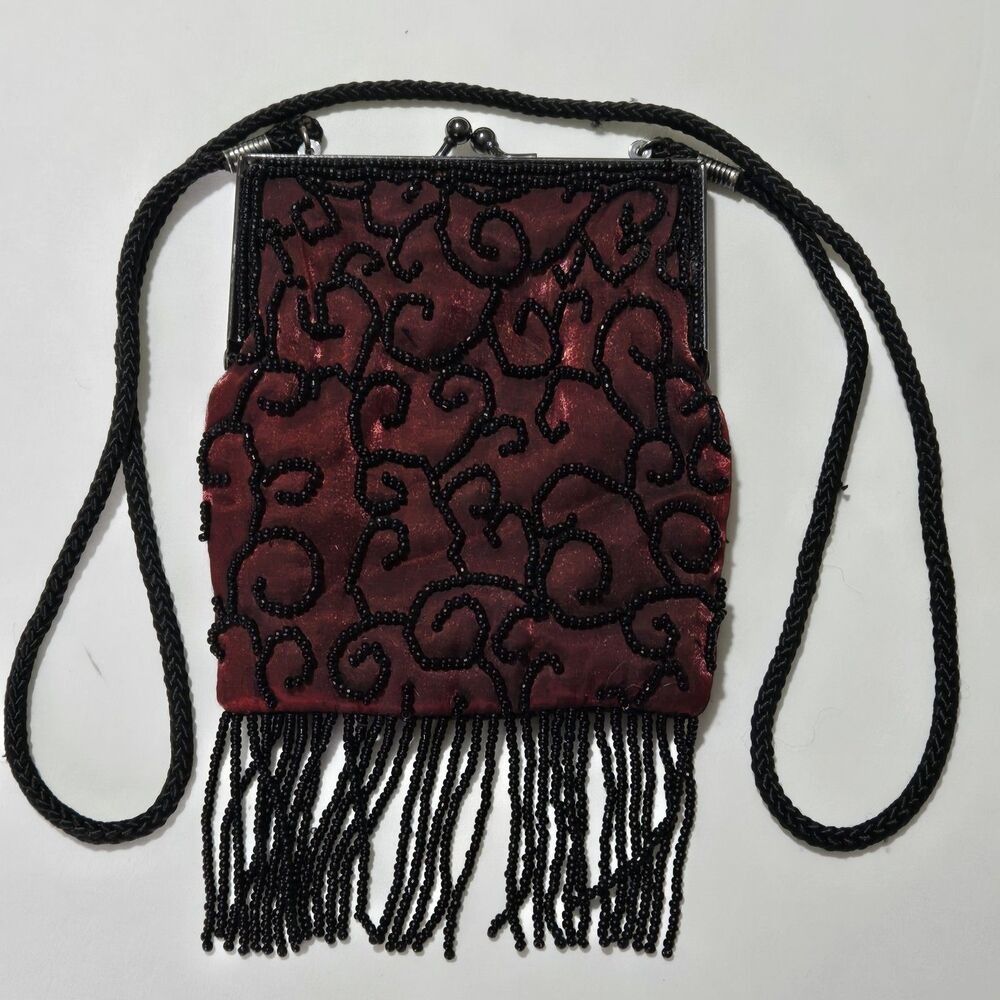 Lancome Evening Purse Dark Red Black Beaded Fringe Crossbody Shoulder Bag